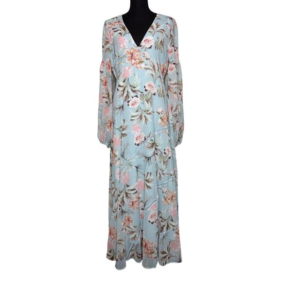 Belle & Bloom Dresses & Skirts - Blue Boho Maxi Dress Cottagecore Floral Romantic Long Sleeve XL